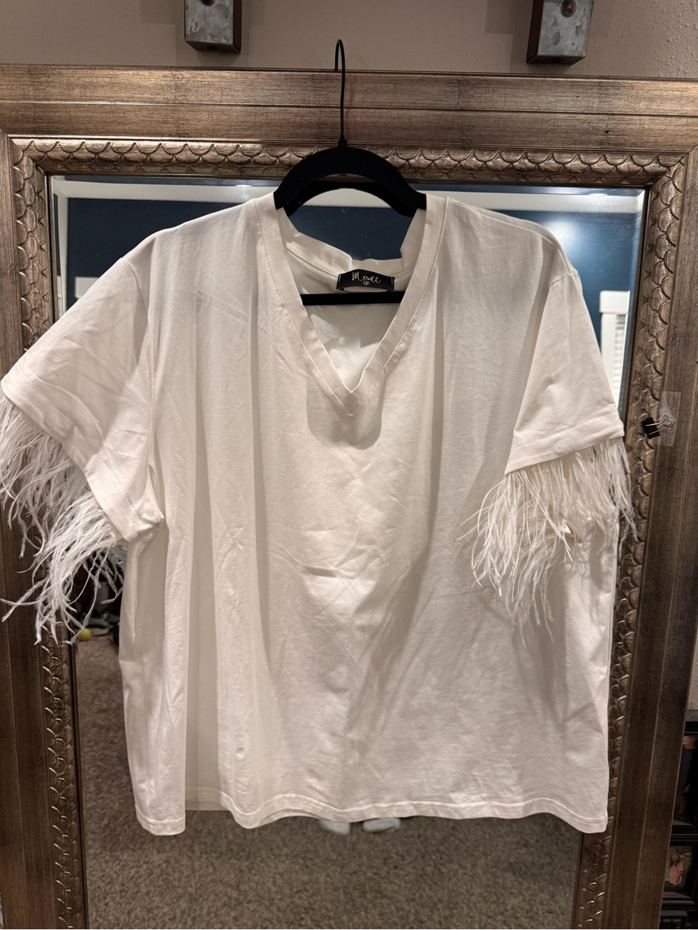 Meritt Ivory Feather-Trim V-Neck Tee